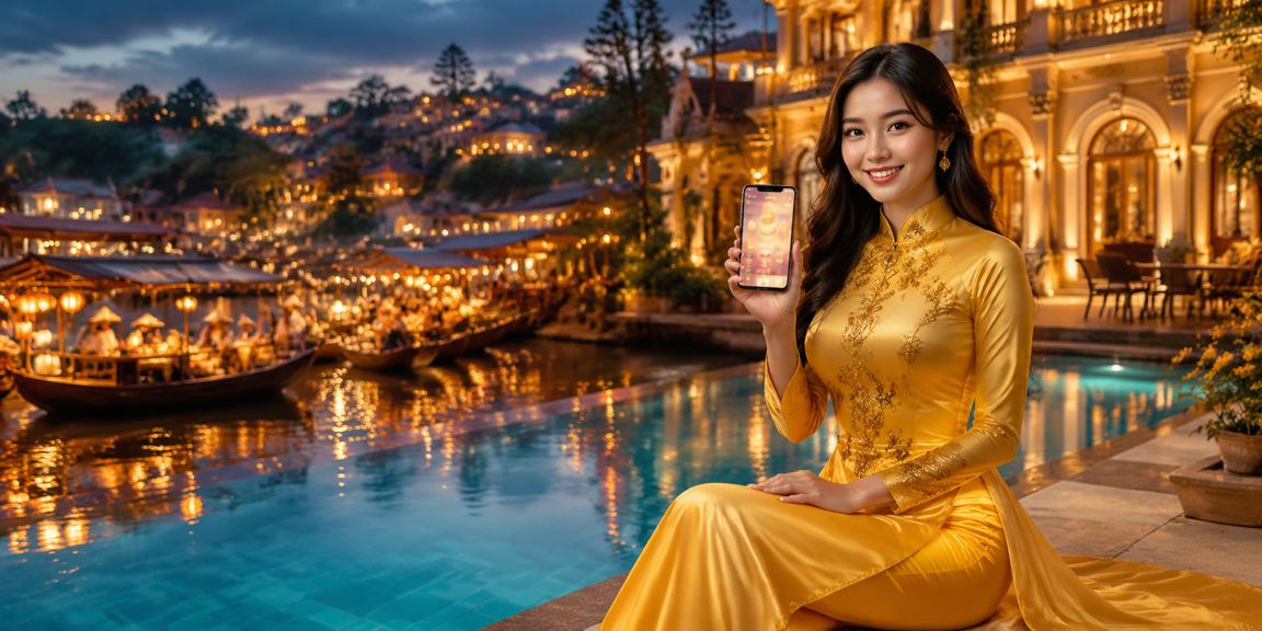 Thiếu nữ Đà Lạt mặc áo dài bên quầy xổ số truyền thống, gợi lên nét văn hoá cá cược dân gian Việt Nam
